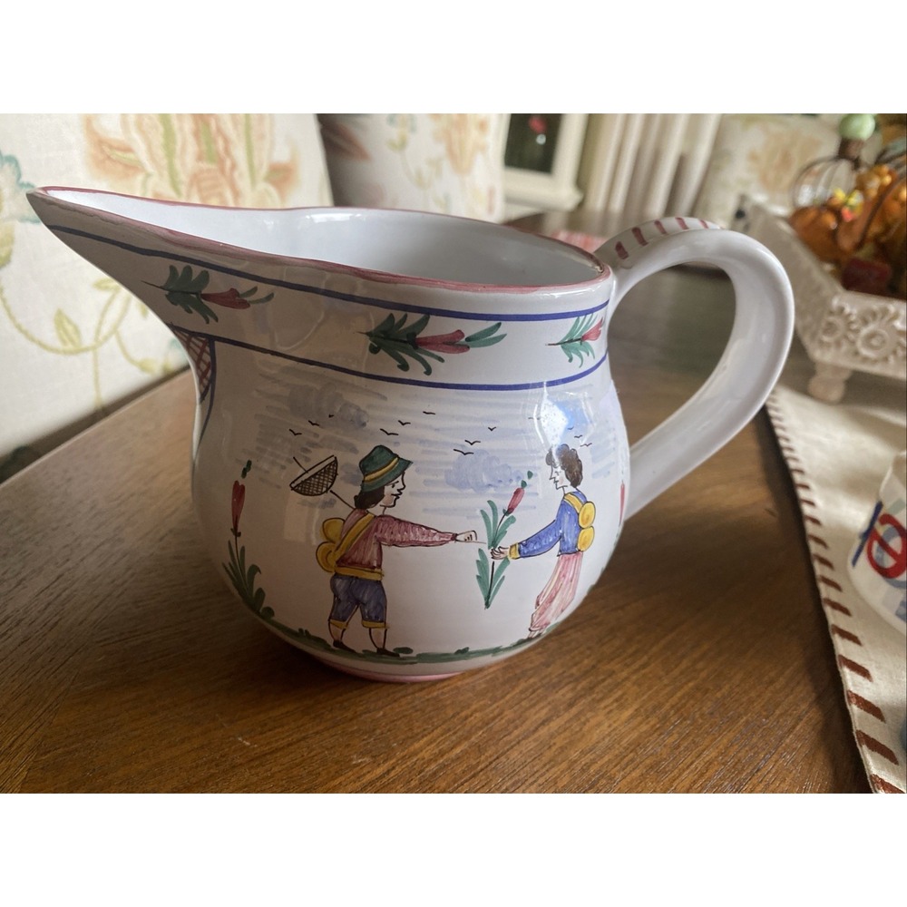 Italian Sberna Deruta Quimper Style Art Pottery Pitcher/Jug Gardening Scene
